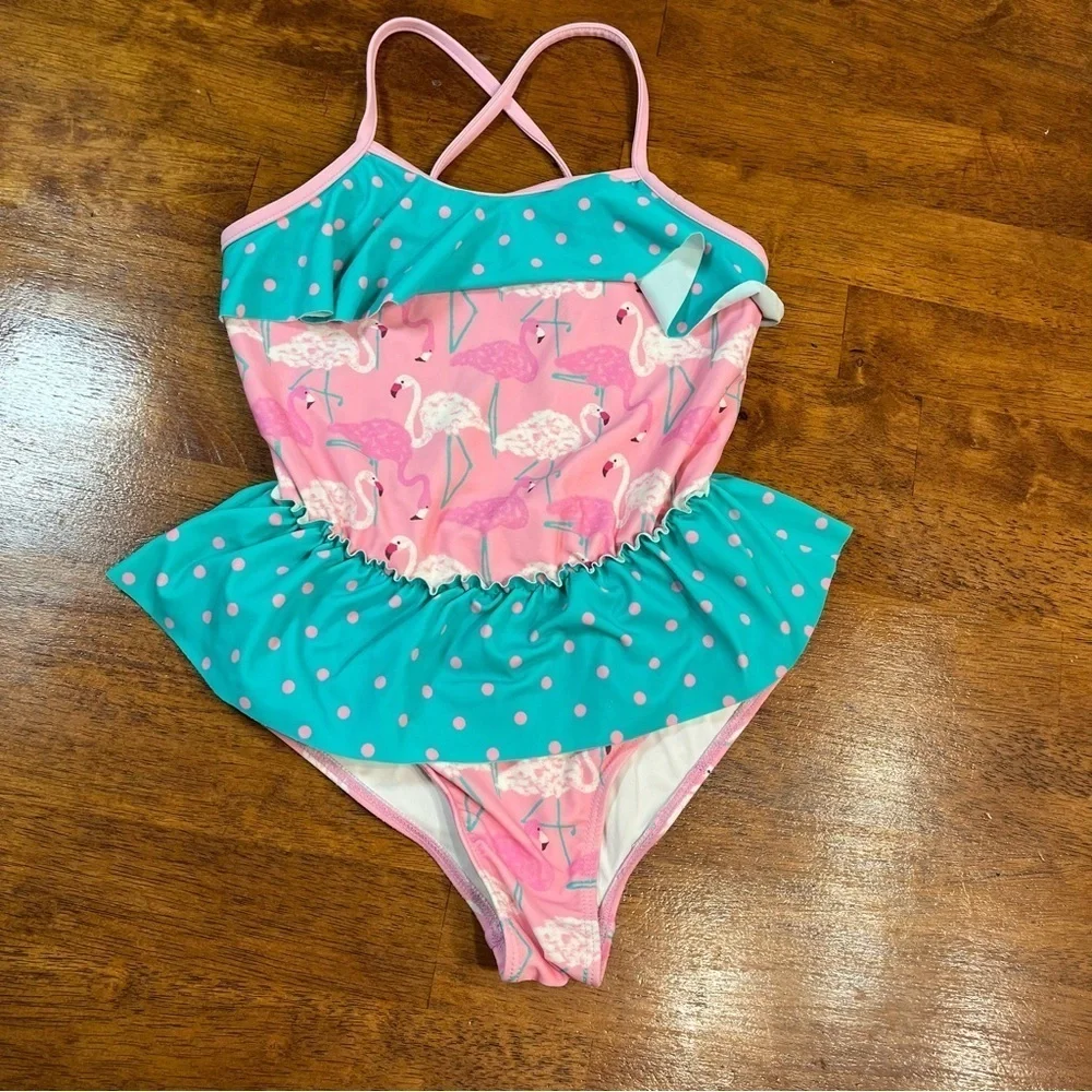 Matilda Jane pink blue flamingo polka dot one piece swim suit size 10